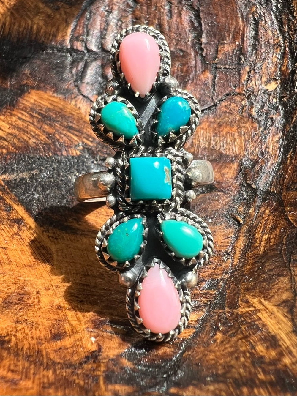 Sterling Silver Kingman Turquoise & Queen Conch Cluster Statement Ring 8.75